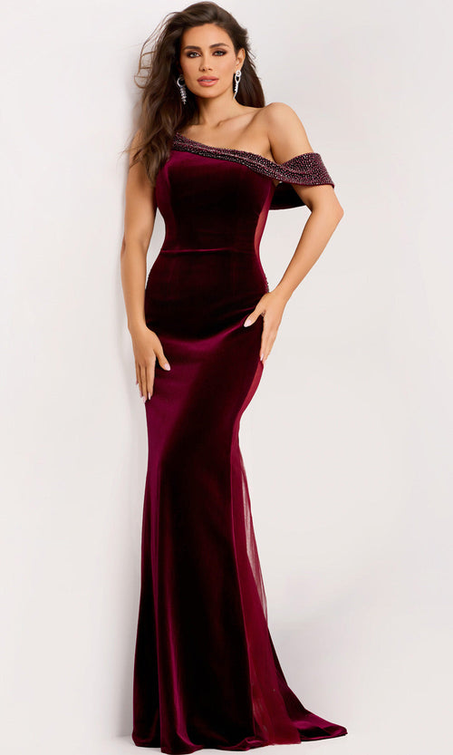 Velvet Beaded Asymmetric Gown by Jovani