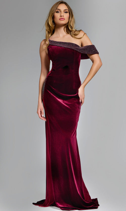Velvet Beaded Asymmetric Gown by Jovani
