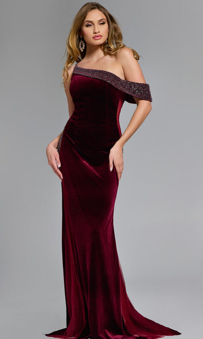 Jovani 42975 Velvet Beaded Asymmetric Sheer Evening Gown