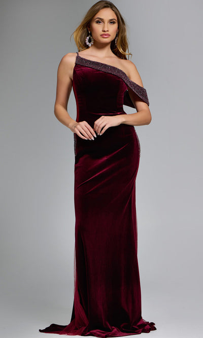 Velvet Beaded Asymmetric Gown by Jovani