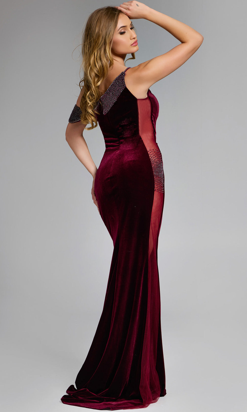 Velvet Beaded Asymmetric Gown by Jovani