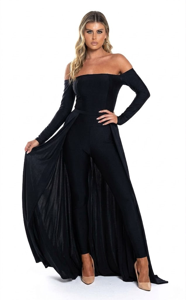 Off Shoulder Long-Sleeve Evening Jumpsuit with Open Lace-Up Back by Jessica Angel 877
