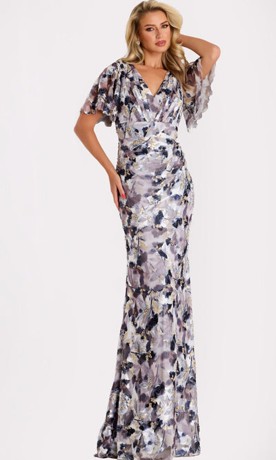 Printed Chiffon Flutter Sleeve Gown by Jovani
