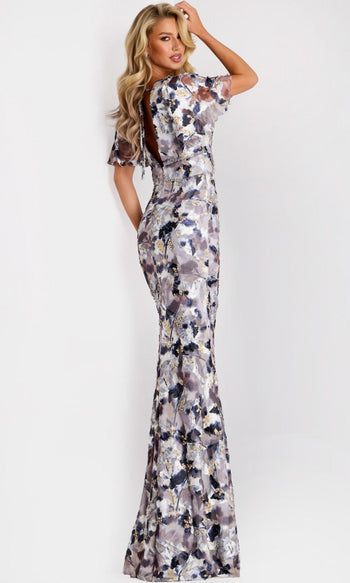 Jovani 43046 - Printed Chiffon Flutter Sleeve Evening Gown