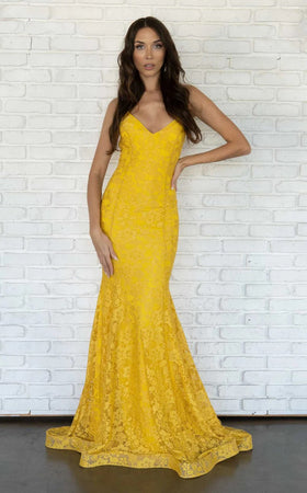 Jessica Angel JA430L V-Neck Spaghetti Strap Sheath Lace-Up Back Strectch Lace Dress