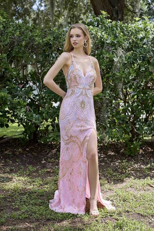 Prom Dresses Beaded Long Formal Slit Prom Dress Pink