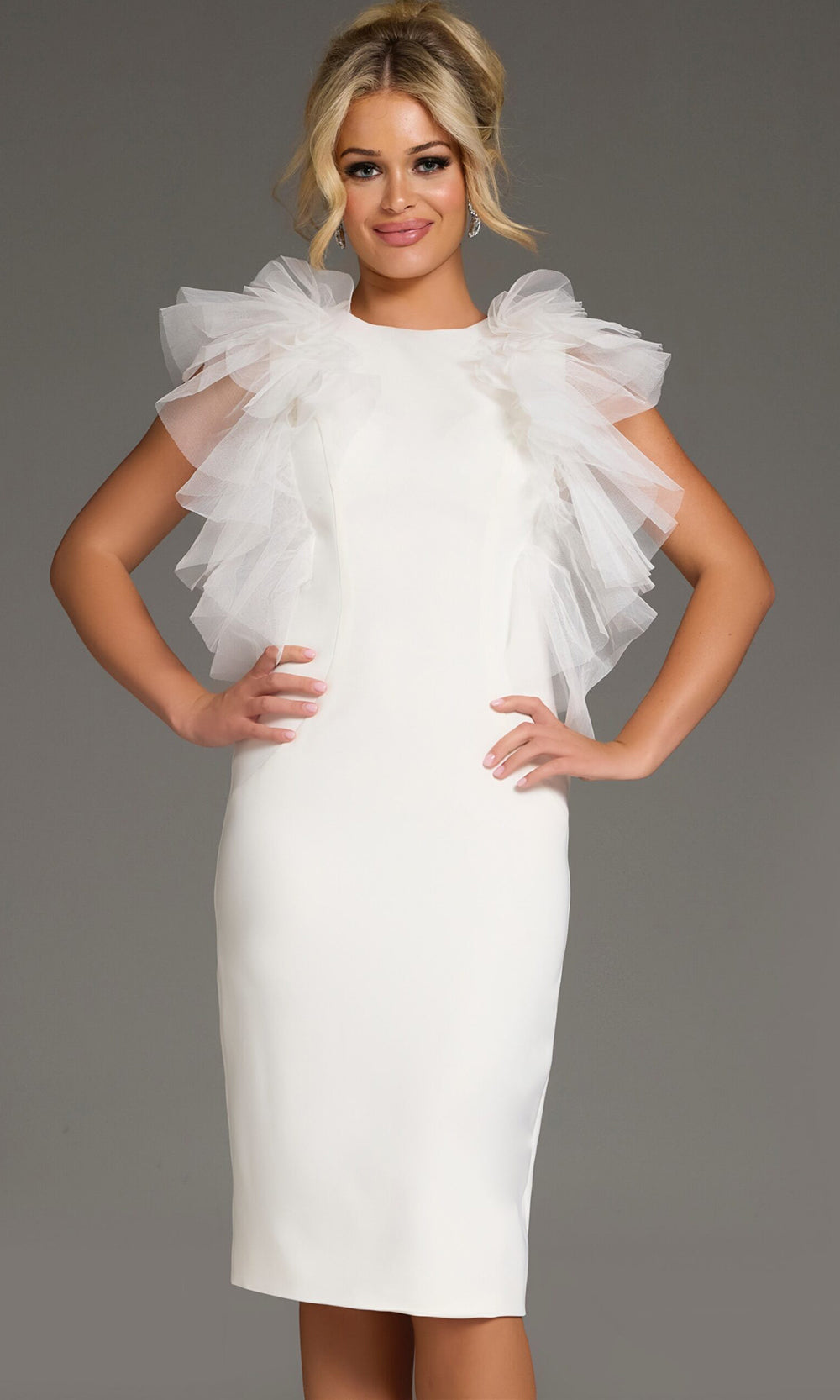 Jovani 43152 - Tulle Shoulder Ruffles Sheath Dress