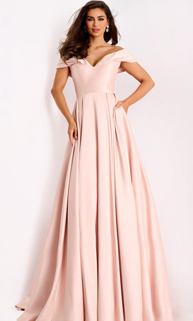 Satin Off Shoulder A-Line Evening Gown by Jovani 43279