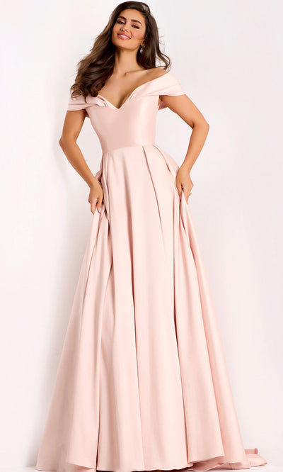 Satin Off Shoulder A-Line Evening Gown by Jovani