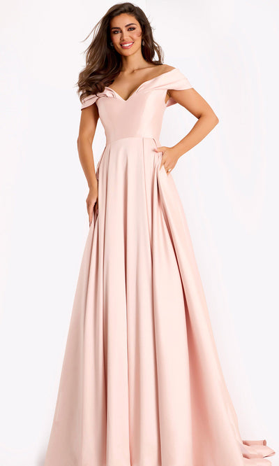 Satin Off Shoulder A-Line Evening Gown by Jovani