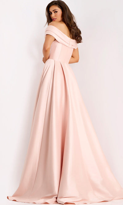 Satin Off Shoulder A-Line Evening Gown by Jovani