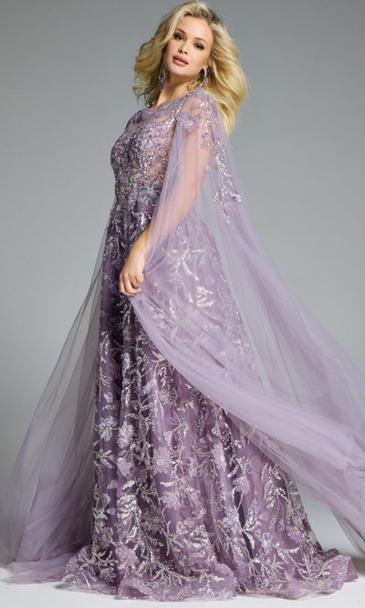 Jovani Floral Embroidered Sheer Cape Gown