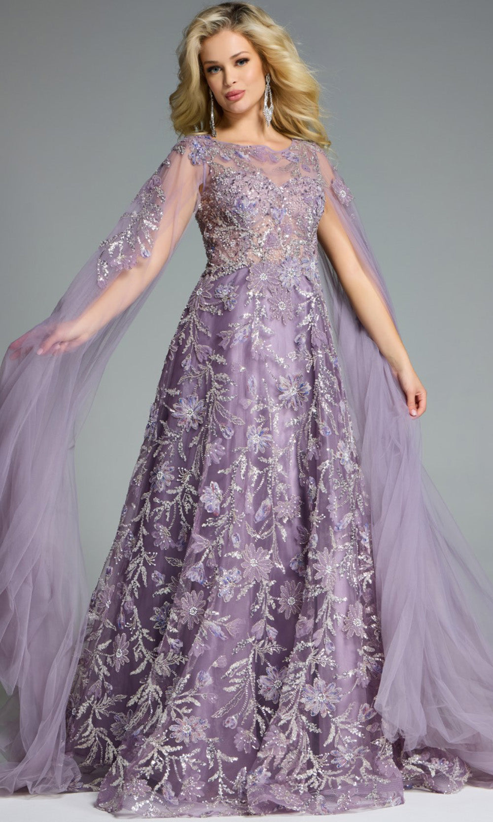 Jovani Floral Embroidered Sheer Cape Gown