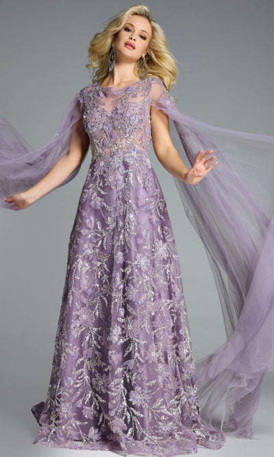 Jovani Floral Embroidered Sheer Cape Gown