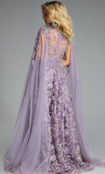 Jovani 43312 - Floral Embroidered Sheer Cape Sleeve Gown