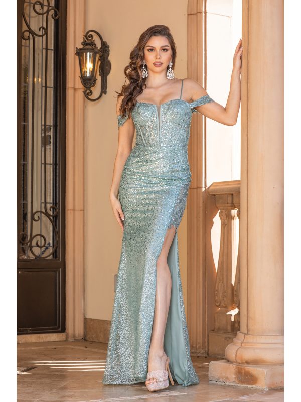 Clearance Gold Size M Off Shoulder Beaded Formal Evening Gown with Slit by Dancing Queen 4338