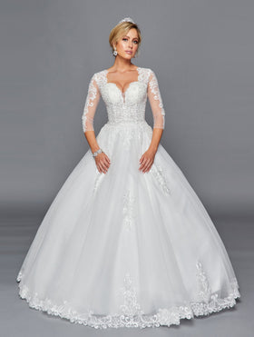 DeKlaire 436 A-Line Wedding Dress with V-Neckline, Beaded Lace & Mid-Length Sleeves