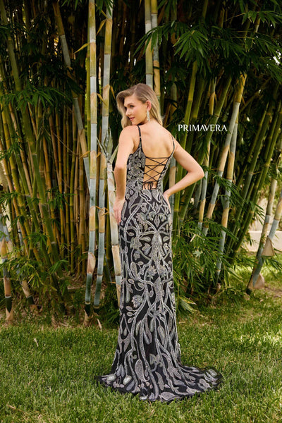 Primavera Couture 4369 Beaded Pattern Long Slit Formal Prom Dress