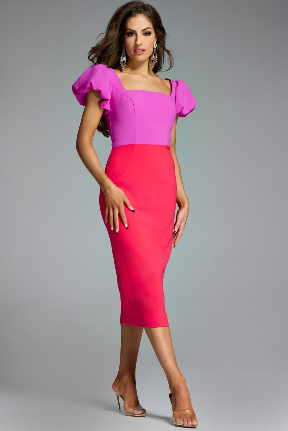 Vivid Colorblock Puff Sleeve Dress by Jovani
