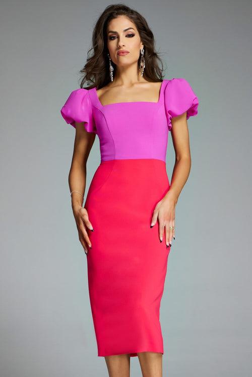 Jovani 43756 - Puff Sleeve Colorblock Fitted Dress In Purple and Pink