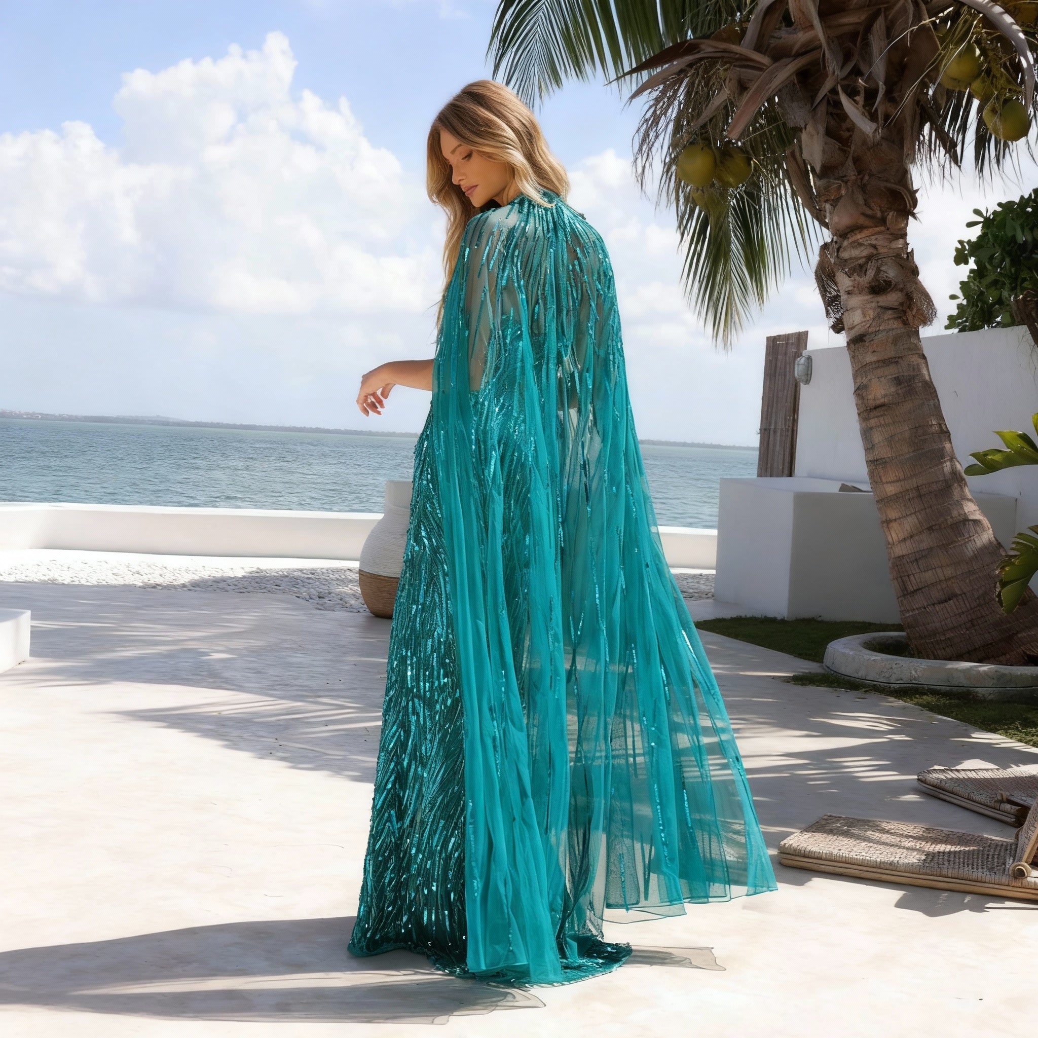Primavera Couture 4376 Sequin Cape Prom Dress