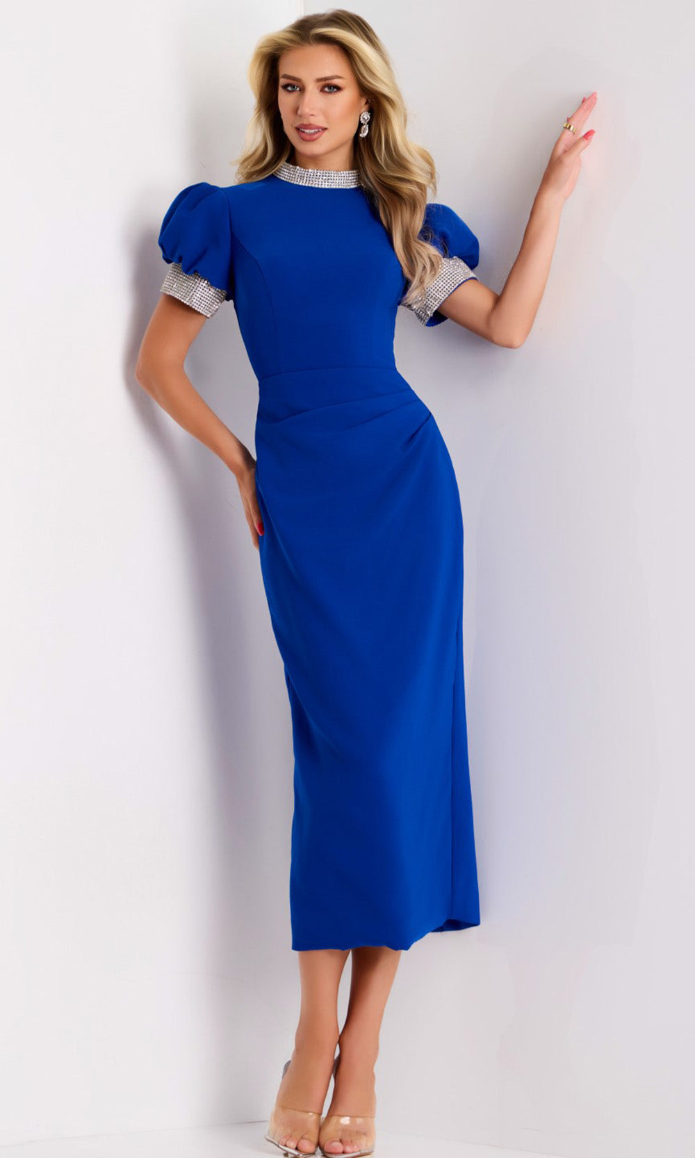 Rhinestone Puff Sleeve Midi Dress by Jovani
