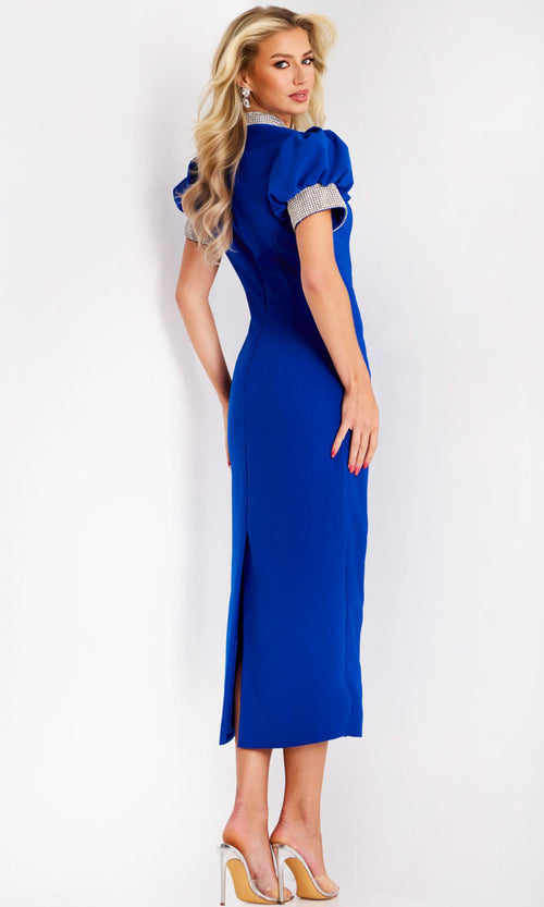 Rhinestone Puff Sleeve Midi Dress by Jovani