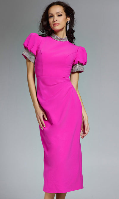 Rhinestone Puff Sleeve Midi Dress by Jovani