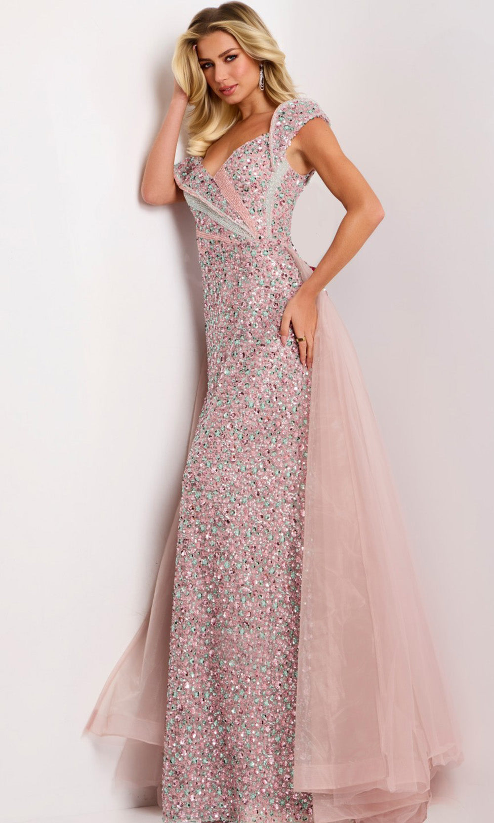 Jovani 44003 - Elegant Off Shoulder Beaded Gown with Sheer Overskirt