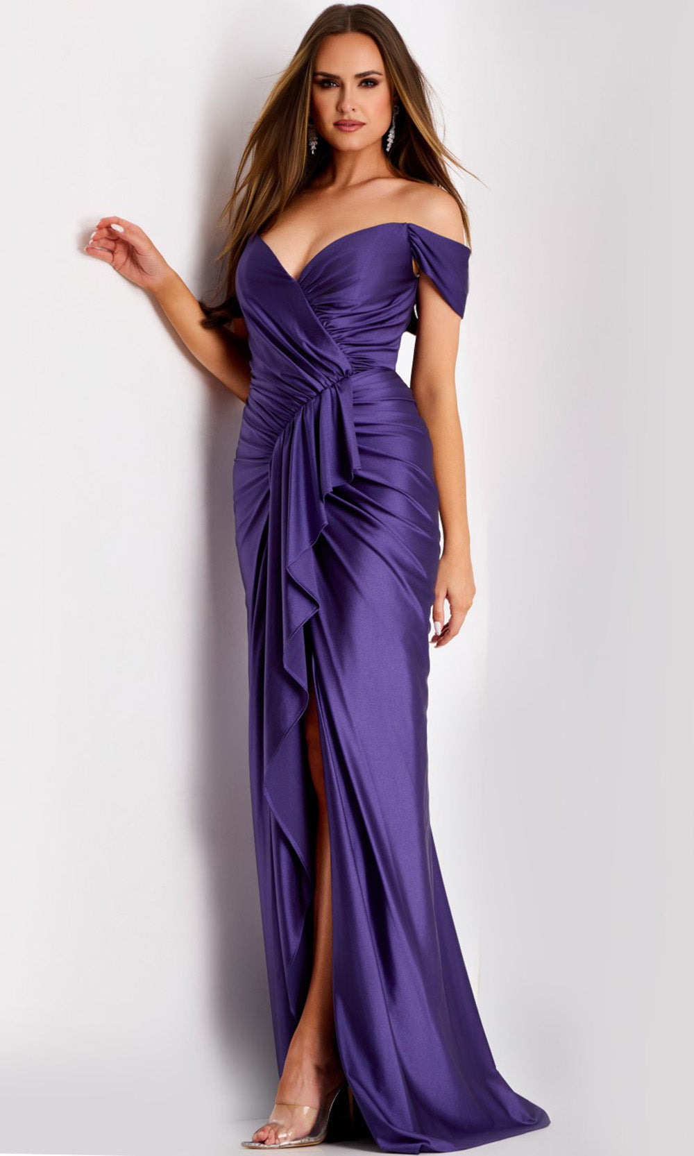 Jovani Off Shoulder Satin Gown with Ruching