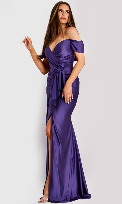 Jovani Off Shoulder Satin Gown with Ruching Jovani 44039