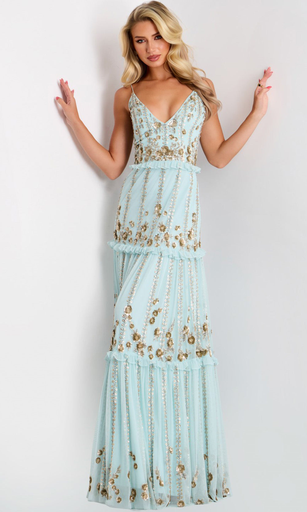 Floral Sequin Tiered Evening Gown by Jovani
