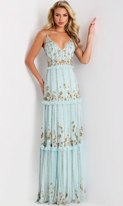 Floral Sequin Tiered Evening Gown by Jovani