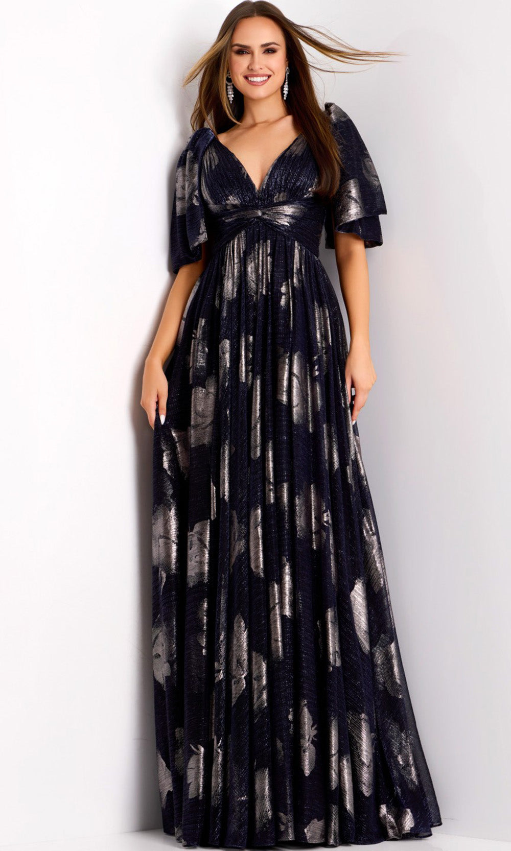 Elegant Navy Metallic Jacquard Gown for Mother of the Bride