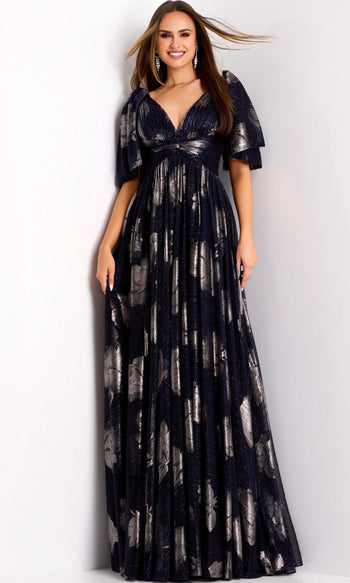 Jovani 44374 - Metallic Jacquard Flutter Sleeve Gown