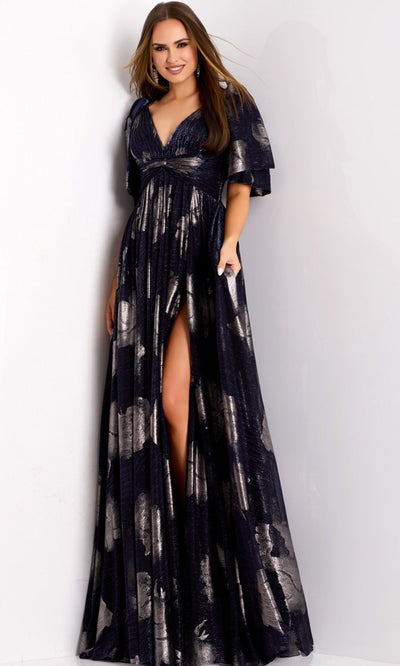 Elegant Navy Metallic Jacquard Gown for Mother of the Bride