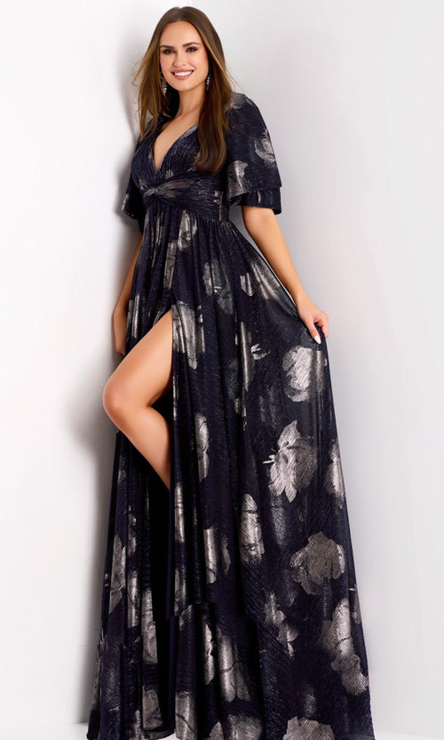 Elegant Navy Metallic Jacquard Gown for Mother of the Bride