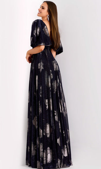 Jovani 44374 - Metallic Jacquard Flutter Sleeve Gown