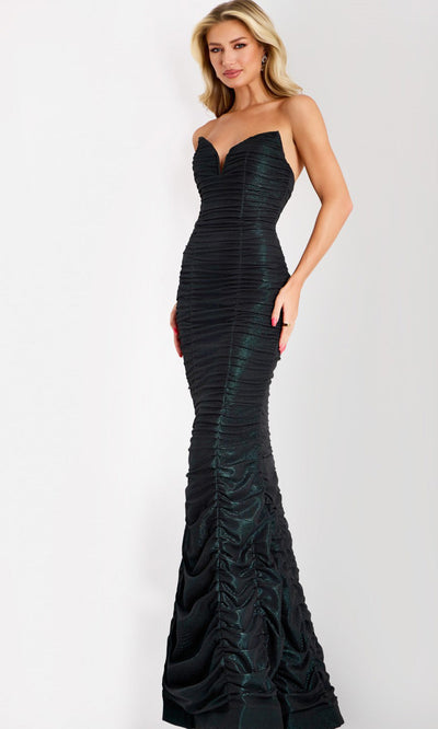 Jovani 44414 - Ruched Metallic Mesh Strapless Evening Gown