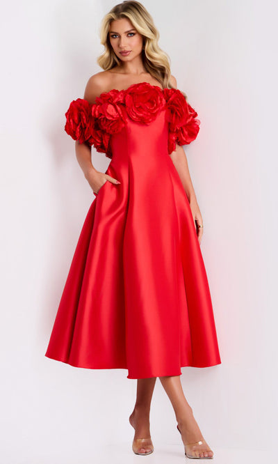 Jovani 44179 - Off-Shoulder Midi Dress with Florals
