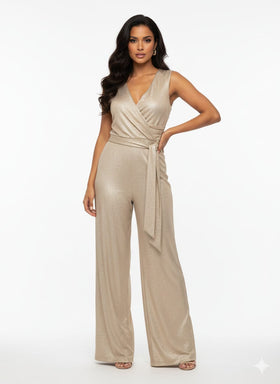 Gold Sleeveless Metallic Faux-Wrap Jumpsuit with Deep V-Neck, Faux Wrap Styling, and Wide Leg Pant by R&M Richards 4441