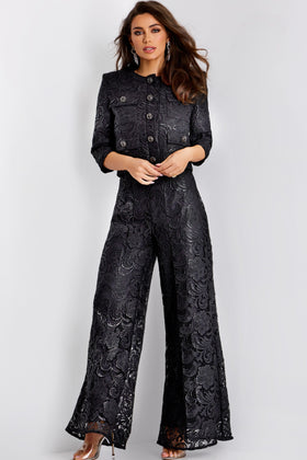 Lace Evening Jumpsuit with Button Front & Wide Leg Pants Formal Outfit by Jovani 44471