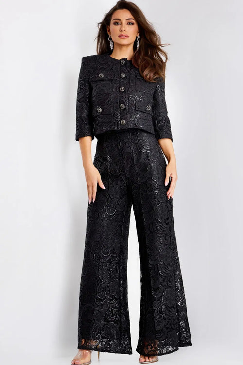 Lace Evening Jumpsuit with Button Front & Wide Leg Pants Formal Outfit by Jovani 44471