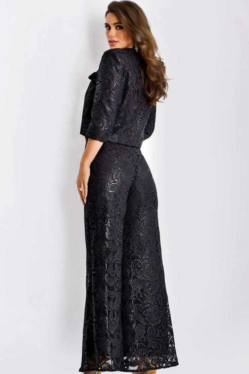 Lace Evening Jumpsuit with Button Front & Wide Leg Pants Formal Outfit by Jovani 44471