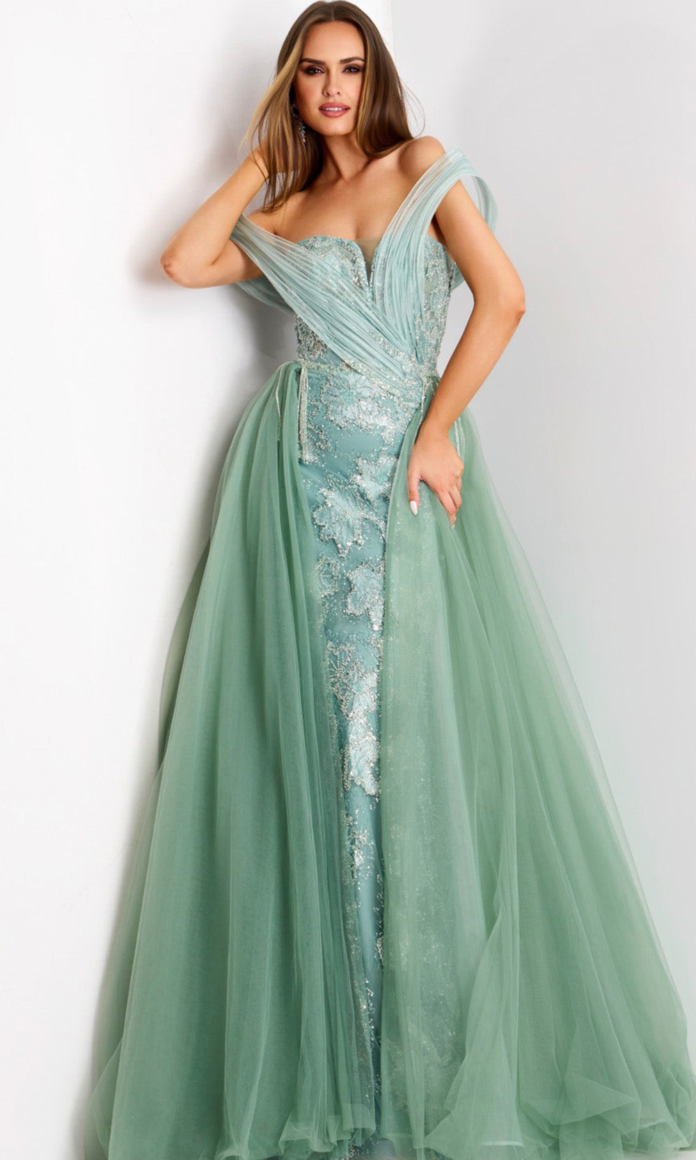 Draped Off-Shoulder Gown with Tulle Overskirt by Jovani