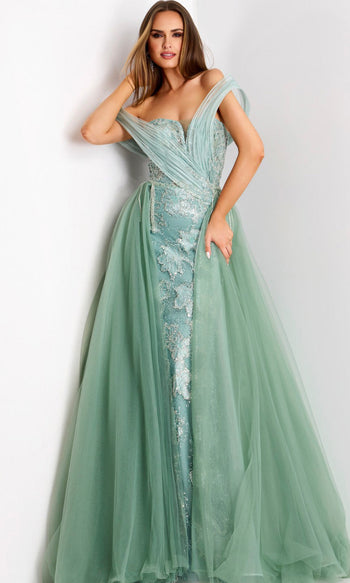 Jovani 44591 - Draped Off-Shoulder Gown with Tulle Overskirt