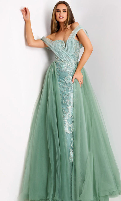 Draped Off-Shoulder Gown with Tulle Overskirt by Jovani