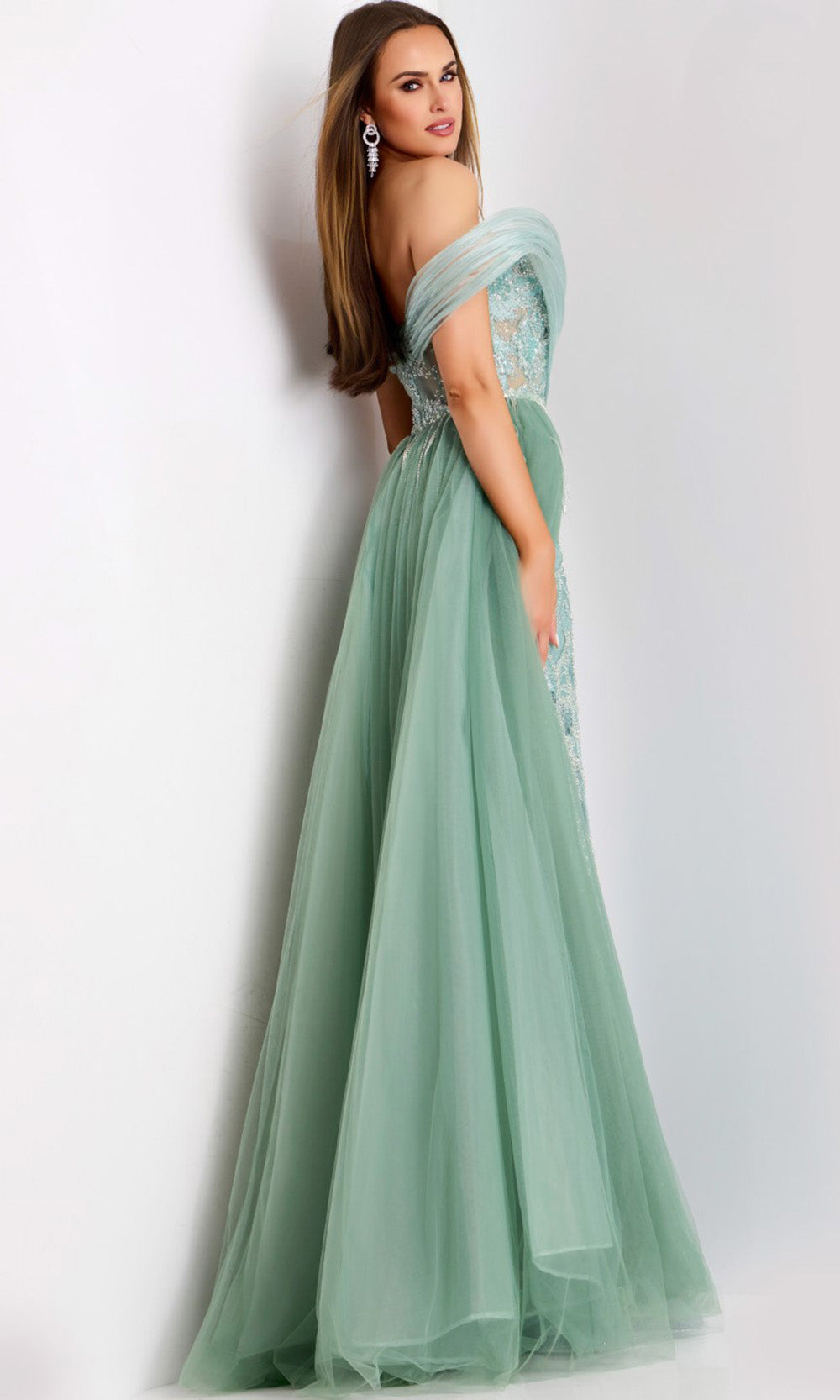 Draped Off-Shoulder Gown with Tulle Overskirt by Jovani