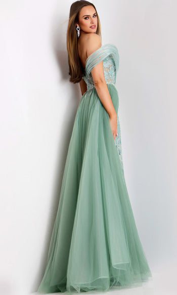 Jovani 44591 - Draped Off-Shoulder Gown with Tulle Overskirt