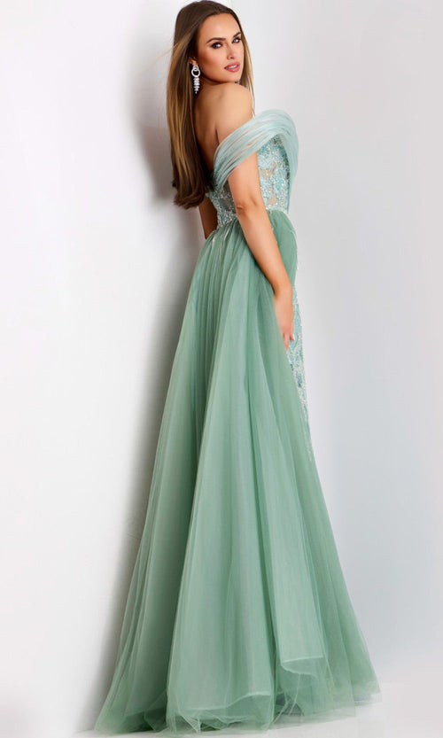 Draped Off-Shoulder Gown with Tulle Overskirt by Jovani